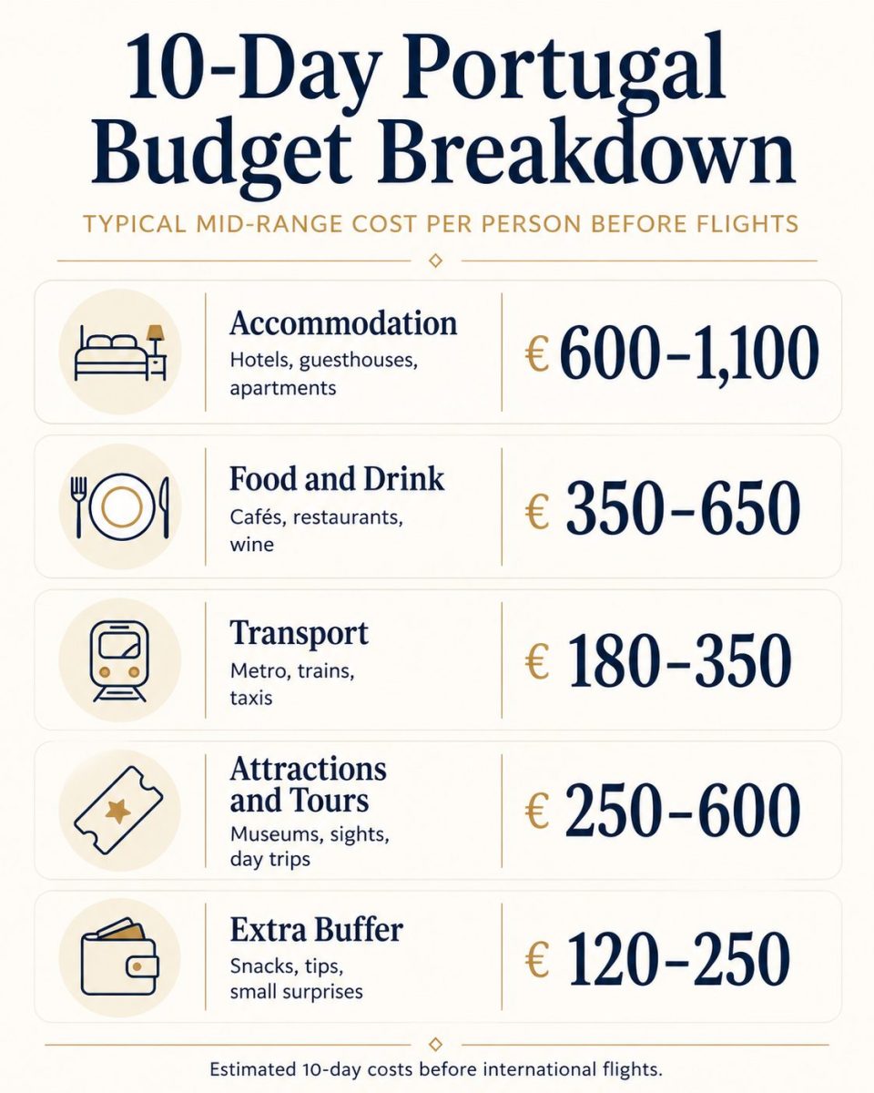 10-day Portugal budget breakdown infographic showing mid-range costs for accommodation, food and drink, transport, attractions and tours, and extra buffer before flights