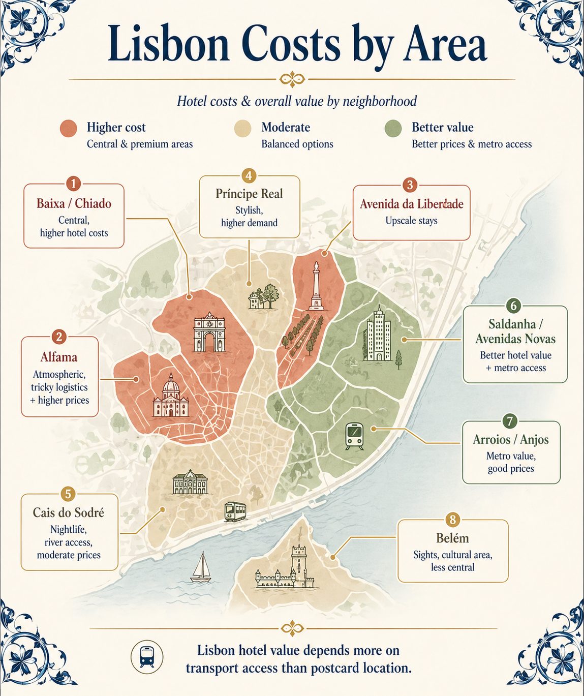 Illustrated Lisbon costs by area guide map showing higher-cost neighborhoods such as Baixa, Chiado, Alfama and Avenida da Liberdade, moderate areas such as Príncipe Real, Cais do Sodré and Belém, and better-value areas such as Saldanha, Avenidas Novas, Arroios and Anjos with metro access.