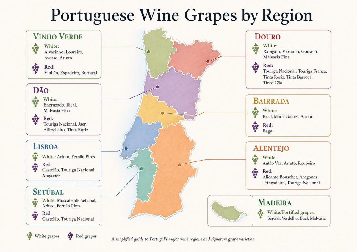 Portuguese wine grapes by region infographic showing Vinho Verde, Douro, Dão, Bairrada, Lisboa, Setúbal, Alentejo and Madeira with key red and white grape varieties