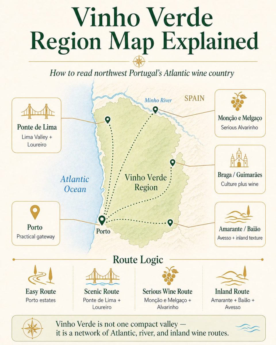 Vinho Verde region map infographic showing Porto, Ponte de Lima, Monção e Melgaço, Braga, Guimarães, Amarante, Baião, the Minho River, and Atlantic wine routes.