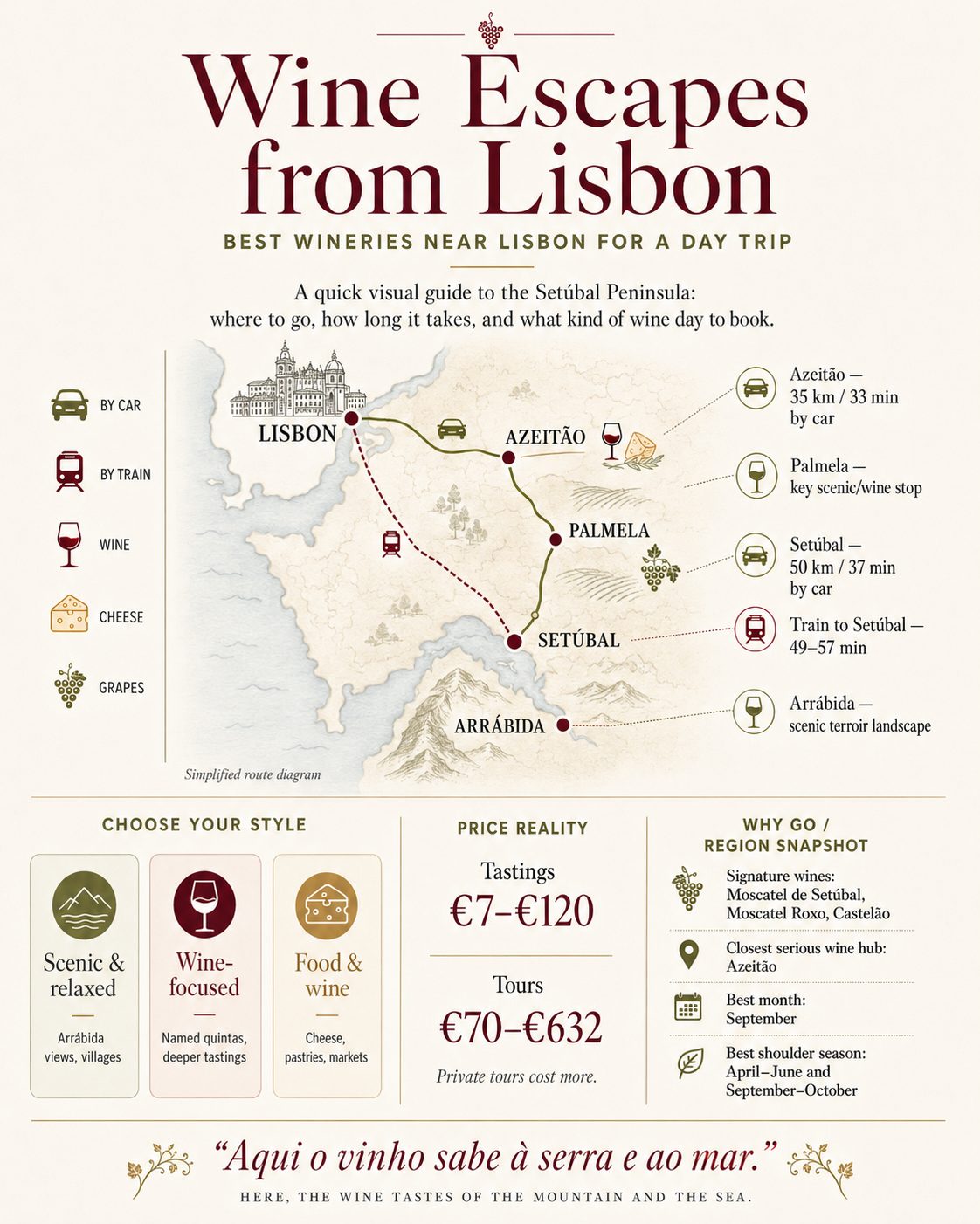 Wine Escapes from Lisbon infographic showing winery day trip routes from Lisbon to Azeitão, Palmela, Setúbal and Arrábida with travel times, tour prices and wine styles